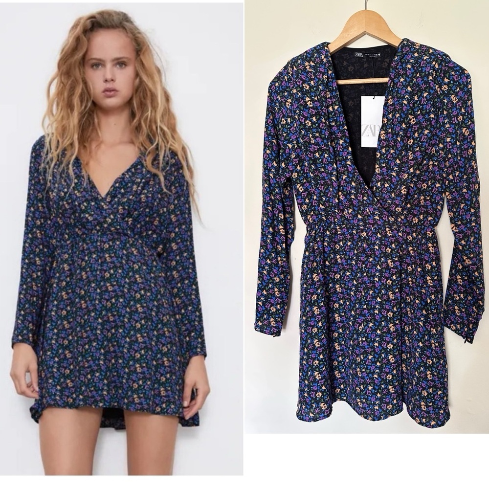 Zara Mini‎ Dress | Boho Floral Print | Women’s XS | Shoulder Pads | Long Sleeve